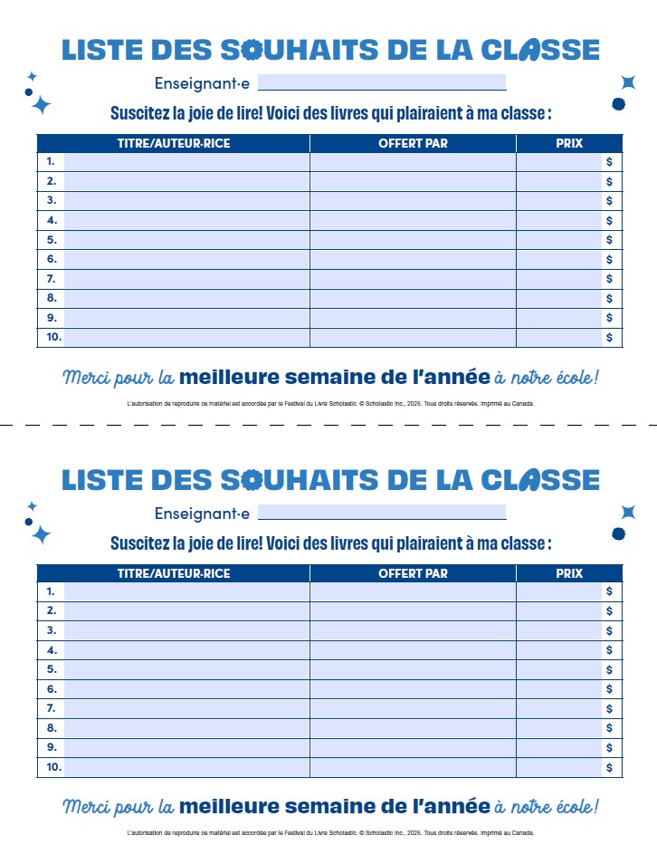 Formulaire de Liste des souhaits de la classe - Téléchargez