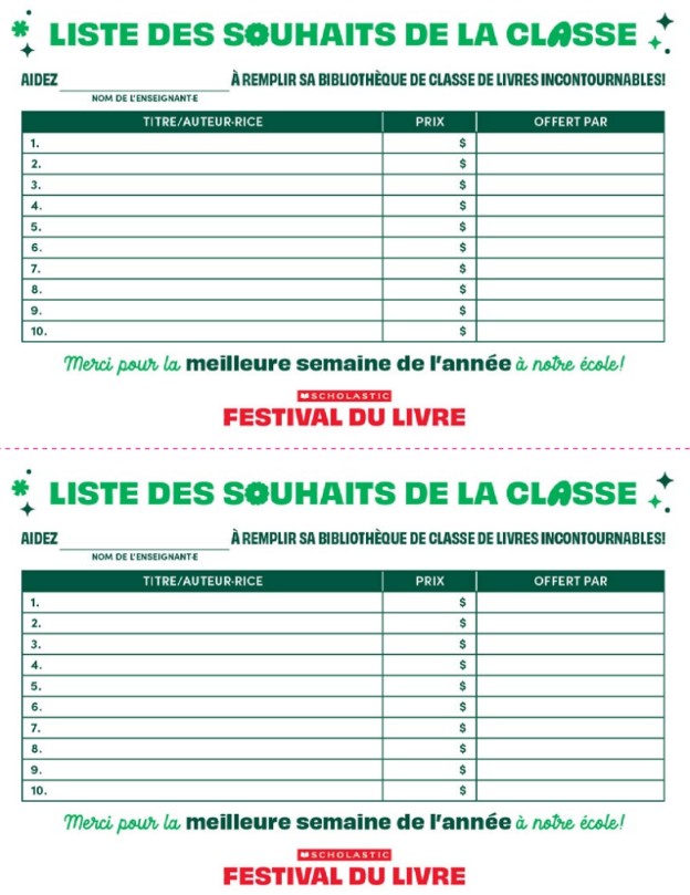 Formulaire de Liste des souhaits de la classe - Téléchargez