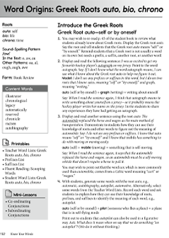 Teacher Guide Word Origins: auto, bio, chrono Lesson Plan and Activity Pages - Download PDF